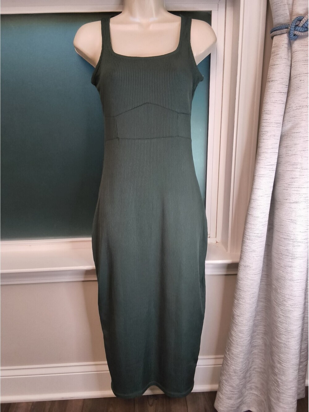 Ginger Ribbed Stretchy Bodycon Corset style Midi Dress Muted Green Small